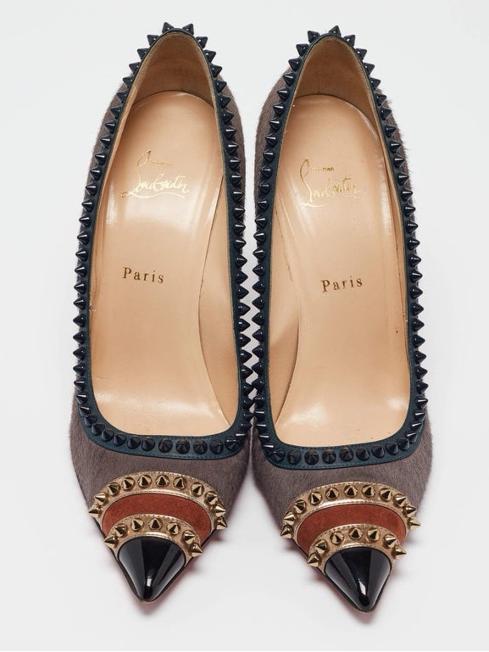 Christian Louboutin Taupe Studded Pointed Toe Flats